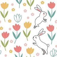 Whimsical Easter rabbits and tulips seamless tile pattern with playful spring elements concept as Playful spring elements like whimsical Easter rabbits and tulips create seamless t Dynamic vector