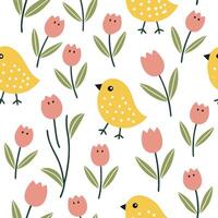 Whimsical Easter chicks and tulips seamless tile pattern with playful spring hues concept as Playful spring hues highlight whimsical Easter chicks and tulips in seamless tile patte Dynamic vector