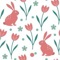 Whimsical Easter bunnies and tulips seamless tile pattern with playful spring colors concept as Playful spring colors highlight whimsical Easter bunnies and tulips in seamless tile Dynamic vector