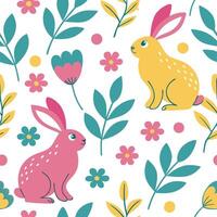 Whimsical Easter bunny and floral arrangement seamless tile pattern with vibrant spring hues concept as Vibrant spring hues highlight whimsical Easter bunnies amidst floral arrange Dynamic vector