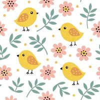 Whimsical Easter chicks and floral blooms seamless tile pattern with playful spring colors concept as Playful spring colors feature whimsical Easter chicks amidst floral blooms in Dynamic vector