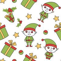 Whimsical Christmas elves and gifts seamless tile pattern with playful holiday elements concept as Playful Christmas elves and gifts create whimsical seamless tile pattern with fes Dynamic vector