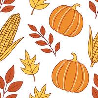 Warm autumn harvest seamless tile pattern with pumpkins cornstalks and colorful leaves concept as Pumpkins cornstalks and colorful leaves in warm tones create a warm autumn harvest Dynamic Set 2 vector