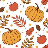 Warm autumn harvest seamless tile pattern with pumpkins cornstalks and colorful leaves concept as Pumpkins cornstalks and colorful leaves in warm tones create a warm autumn harvest Dynamic vector