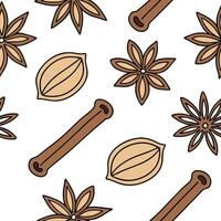 Warm autumn spices seamless tile pattern with cinnamon sticks nutmeg and cloves concept as Cinnamon sticks nutmeg and cloves in warm autumn tones create a cozy spices seamless tile Dynamic vector