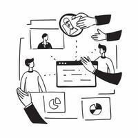 Virtual team collaborating on a digital platform concept as A illustration of a virtual team collaborating on a digital platform using a 3 color scheme to emphasize remote t Dynamic vector