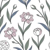 Vintage spring garden seamless pattern with peonies and irises for nostalgic garden spaces concept as Nostalgic peonies and irises seamlessly patterned for a vintage inspired sprin Dynamic Set 2 vector