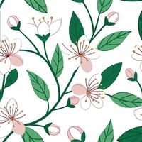 Vibrant spring renewal seamless tile pattern with budding flowers fresh green leaves and soft pastel tones concept as Budding flowers and fresh green leaves in soft pastel tones cr Dynamic vector