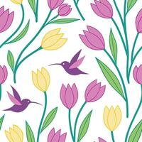 Vibrant Easter tulips and hummingbirds seamless tile pattern with lively spring vibes concept as Lively spring vibes with vibrant Easter tulips and hummingbirds create seamless til Dynamic vector