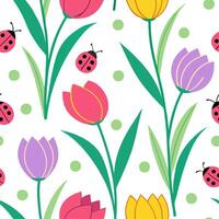 Vibrant Easter tulips and ladybugs seamless tile pattern with colorful spring accents concept as Colorful spring accents with vibrant Easter tulips and ladybugs create seamless til Dynamic Set 2 vector