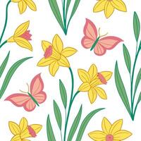 Vibrant Easter daffodils and butterflies seamless tile pattern with lively spring colors concept as Lively spring colors highlight vibrant Easter daffodils and butterflies in seaml Dynamic vector