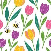 Vibrant Easter tulips and bees seamless tile pattern with lively spring elements concept as Lively spring elements like vibrant Easter tulips and bees create seamless tile pattern Dynamic vector