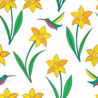 Vibrant Easter daffodils and hummingbirds seamless tile pattern with lively spring energy concept as Lively spring energy with vibrant Easter daffodils and hummingbirds create seam Dynamic vector