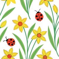 Vibrant Easter daffodils and ladybugs seamless tile pattern with lively spring colors concept as Lively spring colors highlight vibrant Easter daffodils and ladybugs in seamless ti Dynamic vector