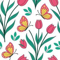 Vibrant Easter tulips and butterflies seamless tile pattern with lively spring elements concept as Lively spring elements like vibrant tulips and butterflies create seamless tile p Dynamic vector