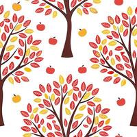 Vibrant autumn trees seamless tile pattern with colorful leaves and acorns for lively fall spaces concept as Colorful autumn leaves and acorns arranged seamlessly to create lively Dynamic vector