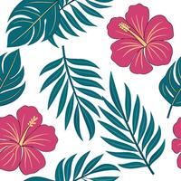 Tropical summer seamless pattern with hibiscus flowers and exotic leaves for bright lively spaces concept as Hibiscus flowers and exotic leaves arranged in a seamless tile pattern Dynamic vector