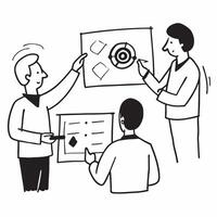 Team members discussing quarterly targets in a business meeting concept as A illustration of team members discussing quarterly targets in a business meeting using a 3 color Dynamic vector