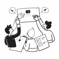 Team members sharing ideas in a collaborative meeting concept as A illustration of team members sharing ideas in a collaborative meeting featuring a 3 color palette to highl Dynamic vector