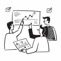 Team members discussing market trends in a business meeting concept as A illustration of team members discussing market trends in a business meeting using a 3 color tone to Dynamic vector