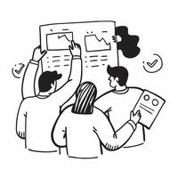 Team members collaborating on a business report in a meeting concept as A illustration of team members collaborating on a business report in a meeting using a 3 color palett Dynamic vector