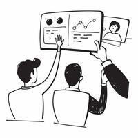Team discussing customer feedback in a business meeting concept as A illustration of a team discussing customer feedback in a business meeting using a 3 color scheme to high Dynamic vector