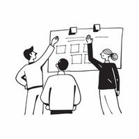 Team discussing project milestones in a meeting room concept as A illustration of a team discussing project milestones in a meeting room utilizing a 3 color palette to highl Dynamic vector