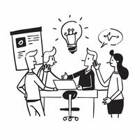 Team brainstorming ideas in a creative meeting room concept as A illustration of a team brainstorming ideas in a creative meeting room using a 3 color scheme to highlight in Dynamic vector