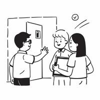 Teachers greeting students at door concept as High resolution image of teachers greeting students at the classroom door with a glossy backdrop showcasing their warmth and readiness Dynamic Set 2 vector