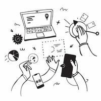 Startup team collaborating on a business plan concept as A illustration of a startup team collaborating on a business plan using laptops and digital tools with an 8 color pa Dynamic vector