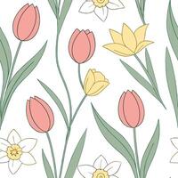 Spring pastel seamless pattern with tulips and daffodils for fresh lively spring spaces concept as Fresh tulips and daffodils arranged in seamless spring pastel patterns for a live Dynamic vector