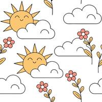 Springtime sun and clouds seamless tile pattern with golden light peeking through the clouds concept as Golden sunlight peeks through fluffy clouds creating a seamless spring patte Dynamic vector