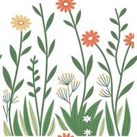 Spring meadow seamless pattern with wildflowers and greenery for rustic charm concept as Rustic spring meadow featuring wildflowers and greenery arranged in a seamless pattern for Dynamic vector
