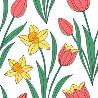 Spring flowers seamless tile pattern featuring vibrant tulips and daffodils for cheerful interiors concept as Bright tulips and daffodils arranged seamlessly in a lively tile patte Dynamic vector