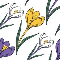 Spring crocus seamless tile pattern with bright purple yellow and white blooms for fresh spring vibes concept as Bright crocus blooms in purple yellow and white create a fresh live Dynamic vector