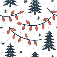 Sparkling Christmas lights and snow covered pine trees seamless tile pattern with festive glow concept as Festive glow with sparkling Christmas lights and snow covered pine trees c Dynamic vector