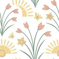 Soft yellow sunshine seamless tile pattern with glowing rays and pastel tones for a calming spring atmosphere concept as Soft yellow rays and pastel tones of sunshine create a seam Dynamic vector