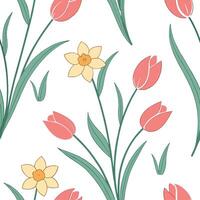 Soft pastel spring seamless tile pattern with small daffodils and tulips for cheerful decor concept as Cheerful spring daffodils and tulips arranged in soft pastel tones to create Dynamic vector