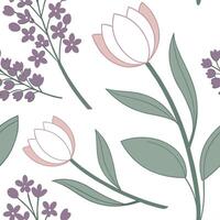 Soft pastel seamless tile pattern with tulips and lilacs for refreshing spring decor concept as Refreshing tulips and lilacs in soft pastel tones arranged seamlessly for a light an Dynamic vector
