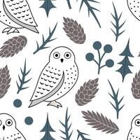 Snowy owl and pine cone seamless tile pattern with winter forest elements concept as Snowy owls perched on pine cones create a seamless tile pattern with winter forest elements for Dynamic vector