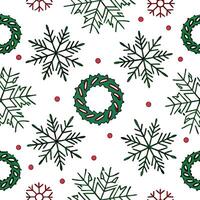 Snowflake and holiday wreath seamless tile pattern with festive green and red hues concept as Festive green and red hues highlight snowflakes and holiday wreaths in a seamless tile Dynamic Set 2 vector