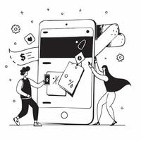 Shoppers using a summer sale app concept as High resolution image of shoppers using a summer sale app with a glossy backdrop highlighting the convenience and efficiency of finding Dynamic vector
