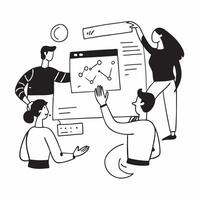 Sales team collaborating on a sales pitch concept as A illustration of a sales team collaborating on a sales pitch using laptops and charts with a 3 color scheme to highligh Dynamic vector