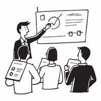Project manager leading a status update meeting concept as A illustration of a project manager leading a status update meeting utilizing a 3 color palette to highlight clari Dynamic vector