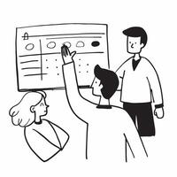 Project manager presenting a timeline in a team meeting concept as A illustration of a project manager presenting a timeline in a team meeting featuring a 3 color palette to Dynamic vector