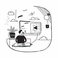Professional working with a view of nature from office concept as High resolution image of a professional working with a view of nature from the office window highlighting the impo Dynamic vector