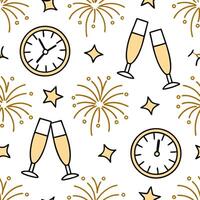 New Year celebration seamless tile pattern with fireworks champagne glasses and festive countdown vibes concept as Fireworks champagne glasses clocks and glittering gold create a s Dynamic vector