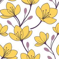 New bloom flowers seamless tile pattern with bright yellow and soft purple hues representing a new season concept as Bright yellow and soft purple flowers bloom in a seamless tile Dynamic vector