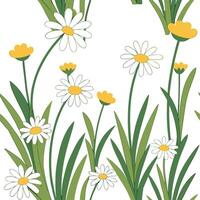 Nature filled spring garden seamless pattern with daisies and buttercups for rustic garden charm concept as Rustic spring garden theme featuring daisies and buttercups arranged in Dynamic vector