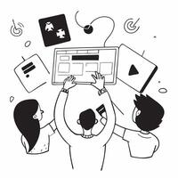 Marketing team brainstorming in a creative workspace concept as A illustration of a marketing team brainstorming in a creative workspace using laptops and tablets with an 8 Dynamic vector